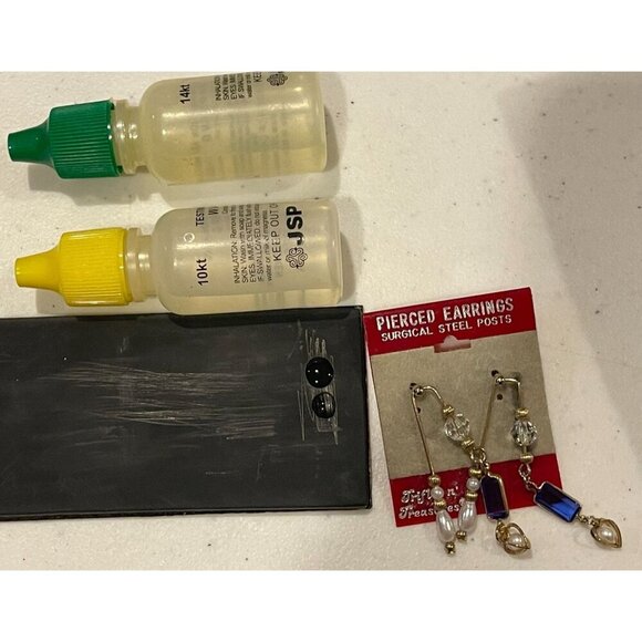 VTG Post Earrings 10K Gold Double Dangle Blue Gems & Faux Pearls Heart Charm - Picture 5 of 5